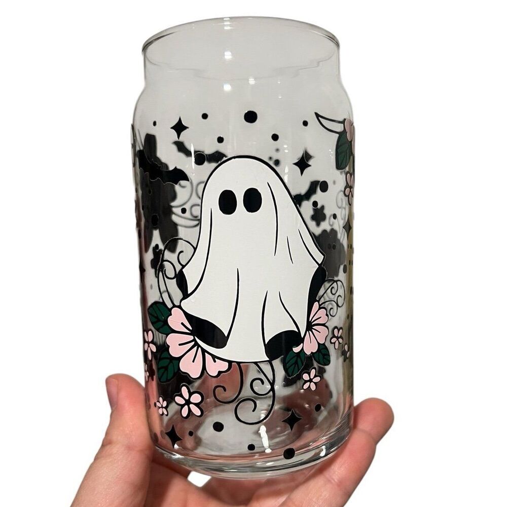 Cute Handmade Ghost Floral Glass Cup Pink Flowers